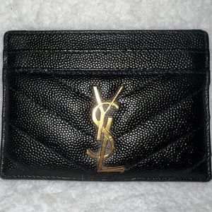 YSL CASSANDRE MATELASSÉ CARD CASE IN GRAIN DE POUDRE EMBOSSED BLACK LEATHER